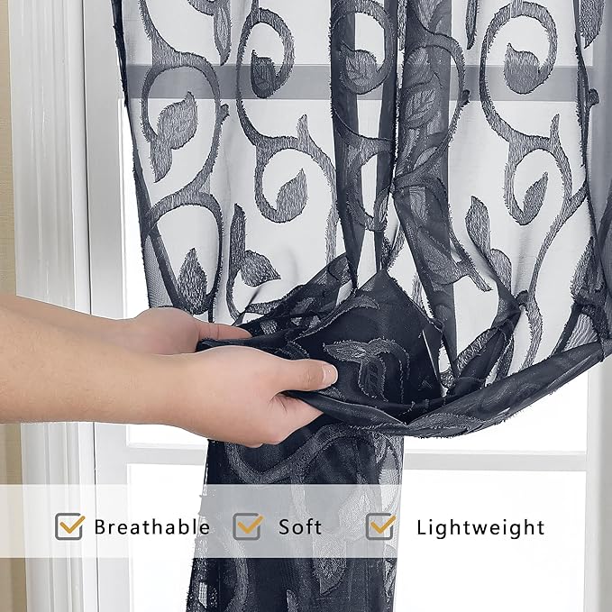 OWENIE Furman Extra Long Sheer Curtains 96 inches Long for Bedroom Living Room 2 Panels Set, Lightweight Airy Jacquard Clip Farmhouse Curtains, Modern Top Dual Rod Pocket, Navy Blue, 40Wx96L inch