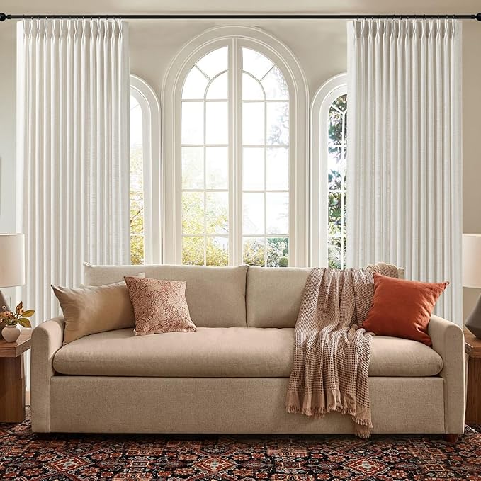 Pinch Pleated Linen Curtains 84 Inch Length 2 Panels Set, Light Filtering Linen Blend Sheer Drapes Memory Trained Pleated Curtain Back Tab with Hooks Rings for Living Room Bedroom, Natural, W40xL84