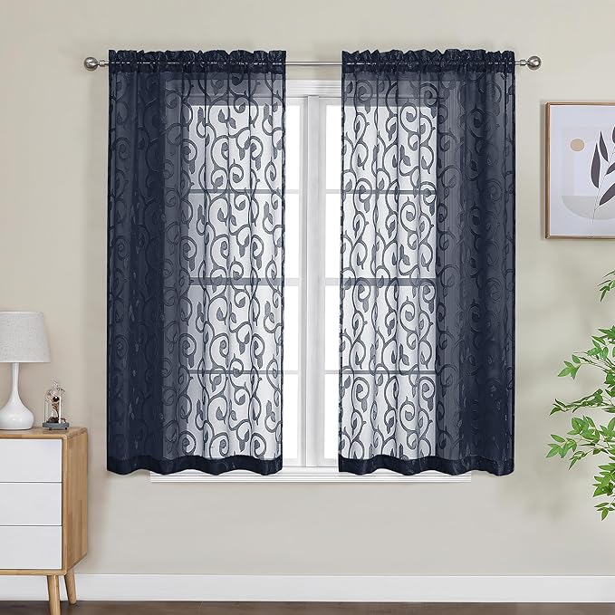 OWENIE Furman Sheer Curtains 54 Inch Length 2 Panels Set for Living Room Bedroom, Airy Jacquard Clip Short Curtains for Small Window, Rod Pocket Bathroom Window Curtain Each 42W inch 54L, Navy Blue
