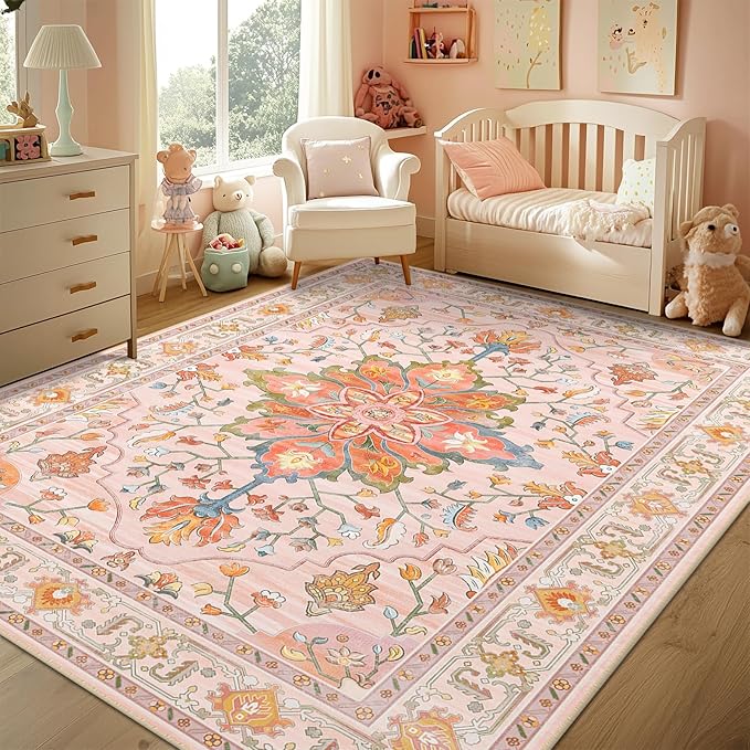 Area Rugs 8'x10' Washable Non-Slip, Floral Vintage Distress Print Pattern Medallion Carpet for Living Room Bedroom Dining Room, Light Pink Colorful