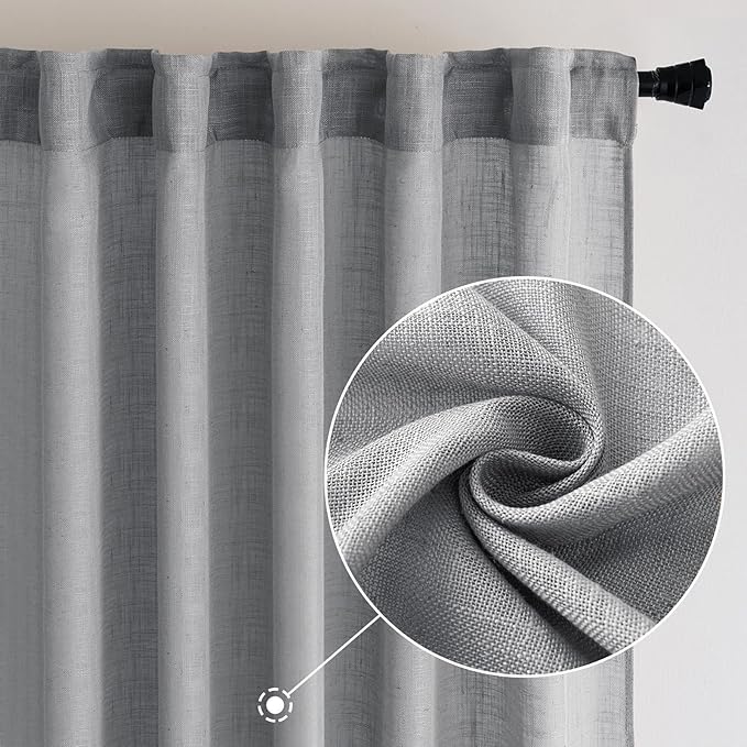 MIULEE Grey Linen Curtains 96 Inch Long for Bedroom Living Room, Soft Thick Linen Textured Window Drapes Gray Semi Sheer Light Filtering Back Tab Rod Pocket Burlap Look Decor, 2 Panels