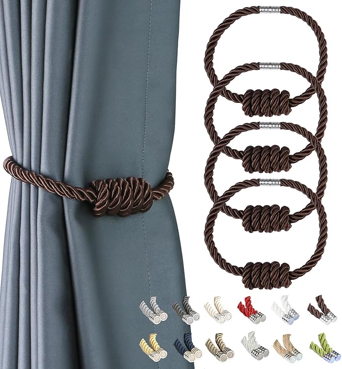 BEL AVENIR Magnetic Curtain Tiebacks, Decorative Drapery Holdbacks Modern Woven Tie-Backs with Exquisite Knot (Coffee, 4 Pack)