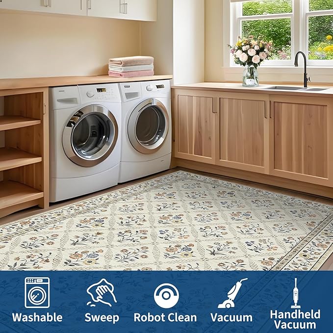 GarveeHome Living Room Rug 5x7 Rug Machine Washable Stain Resistant Area Rug Non Slip Floral Vintage Low Pile Rugs for Living Room, Bedroom, Farmhouse, Dining Room, Kids PlayroomBeige Sand
