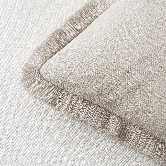 MIULEE Decorative Throw Pillow Covers Neutral Linen Fringe Throw Pillows Set of 2 Natural Beige Boho Farmhouse Cushion Covers with Tassels for Couch Sofa Bed Living Room Spring Decor 18x18 Inch