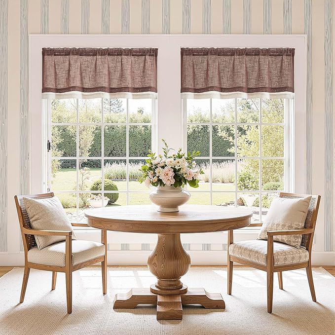 jinchan Linen Farmhouse Valances for Living Room Windows 16 Inch Slubbed Crossed Double Layer Window Valances Light Filtering Rustic Country Overlay Rod Pocket 2 Panels Brown