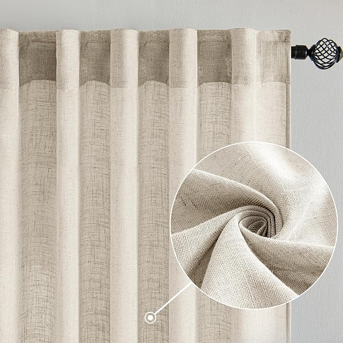 MIULEE Cream Linen Curtains 54 Inch Length 2 Panels for Bedroom Living Room, Soft Linen Textured Window Drapes Semi Sheer Light Filtering Back Tab Rod Pocket Farmhouse Modern Burlap Look Decor