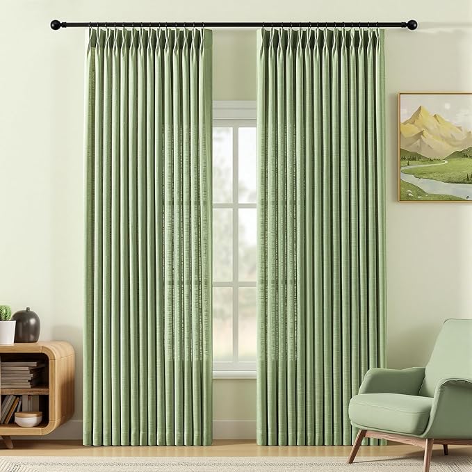 Sage Green Pinch Pleated 84 Inch Curtains for Living Room, Privacy Semi Sheer Curtain with Pleated Hooks Modern Linen Blend Memory Trained Back Tab Drapes for Bedroom Office, 2 Panels, W40xL84