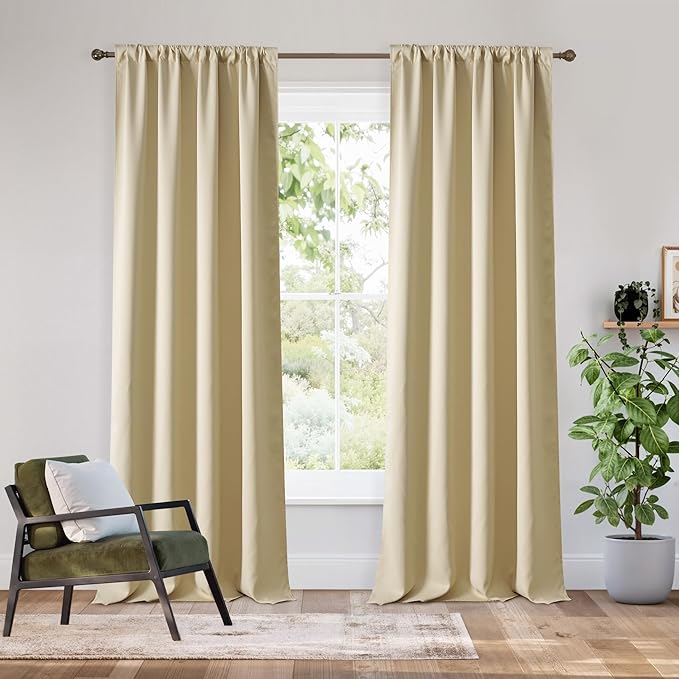 RYB HOME Bedroom Blackout Curtains 80 inches Long, 100% Blackout Thermal Insulated Noise Reducing Curtains for Living Room Nursury, 34 inches Wide by 80 inches Long, Biscotti Beige