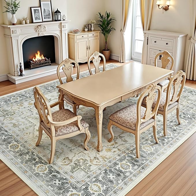 Lofus 9x12 Area Rugs for Living Room, Machine Washable Non-Slip Area Rug, Low Pile Large Rugs for Bedroom, Kitchen, Dining Room, Home Office, Vintage Oriental Print Rug, Taupe Grey