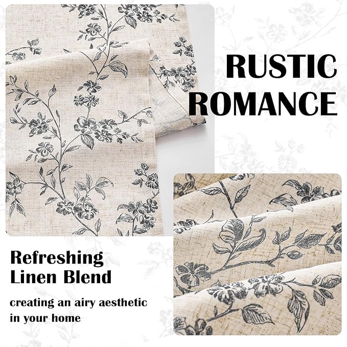 Lazzzy Farmhouse Linen Curtains Black Floral Curtains 90 Inch Length Back Tab Drapes for Living Room Bedroom Light Filtering Country Vintage Rod Pocket, 2 Panels, Black on Beige