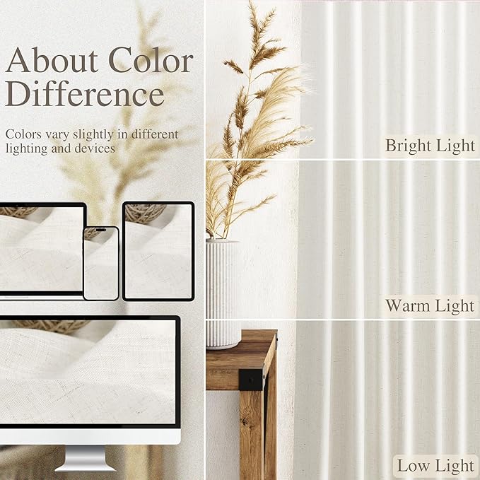 Nanspring Extra Long 112 Inch Long Beige White Linen Curtains Back Tab Neutral Farmhouse Light Filtering Semi Transparent Large Windows Ceiling to Floor for Living Room 2 Pack