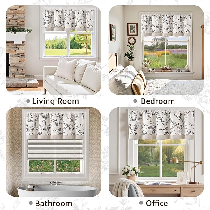 jinchan Linen Kitchen Valance for Windows 16 Inch Floral Double Layer Valance Living Room Laundry Room Darkening Rustic Cottagecore Farmhouse Flower Window Treatment 1 Panel Black on Linen