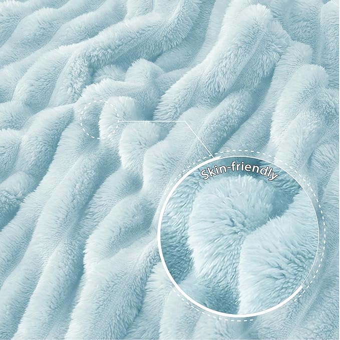 Exclusivo Mezcla Twin Size Flannel Fleece Blanket, Super Soft Striped Jacquard Bed Blanket, Lightweight Fuzzy Cozy for All Seasons, 60x80 Inches, Light Blue