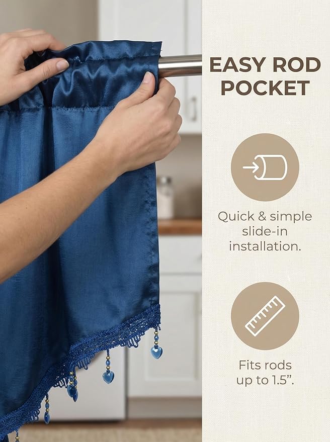 Molaxhome Swag Curtain 51 inch Length Rod Pocket Scalloped Curtain Valance Sheer Lace Panels with Hanging Crystal Beads for Kitchen Bedroom Window Treatments Drape Decor 1pc (Cloth Navy, 51Wx23L)