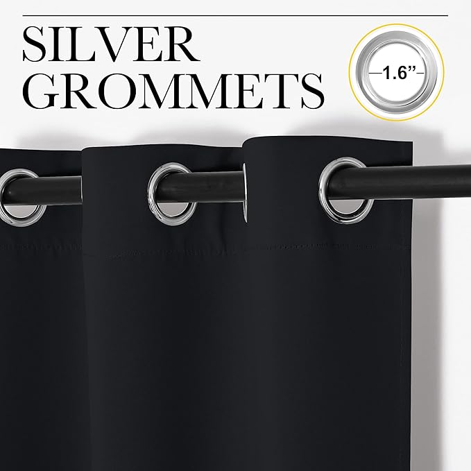 NICETOWN Halloween Bathroom Blackout Curtains and Drapes, Black Solid Thermal Insulated Grommet Blackout Drapery Panels for Window (2 Panels, 34 inches Wide by 45 inches Long, Black)