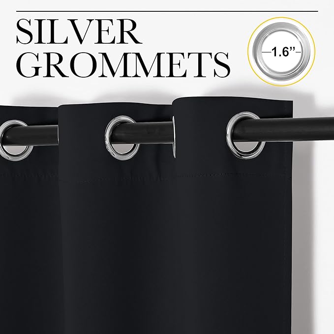 NICETOWN Bathroom Blackout Thermal Curtains and Drapes, Black Solid Thermal Insulated Grommet Blackout Drapery Panels for Window (2 Panels, 34 inches Wide by 72 inches Long, Black)