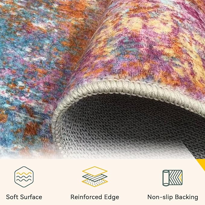 Washable Area Rugs 3'x5' Non-Slip Modern Abstract Soft for Living Room Entryway Bedroom Nursery, Print Pattern, Orange Blue Pink Yellow Colorful