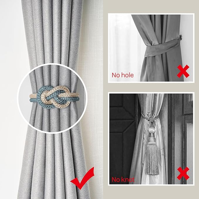 NICEEC 2 Pack Mini Magnetic Curtain Tiebacks Nordic Simple Style Drape Tie Backs Elegant Hand Weave Rope Knot Decorative Curtain Holdbacks for Home & Office Thin Window Drapery (Teal & Beige)
