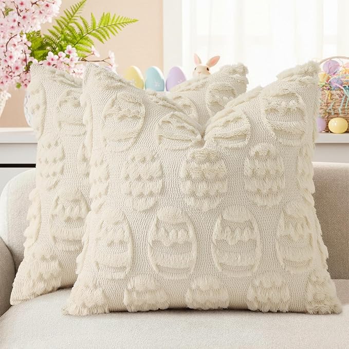 decorUhome Easter Beige Egg Pillow Covers 20x20 Inch Set of 2, Soft Plush Faux Wool Jacquard Cushion Covers, Farmhouse Neutral Fuzzy Spring Easter Holiday Decor for Couch Sofa Bed