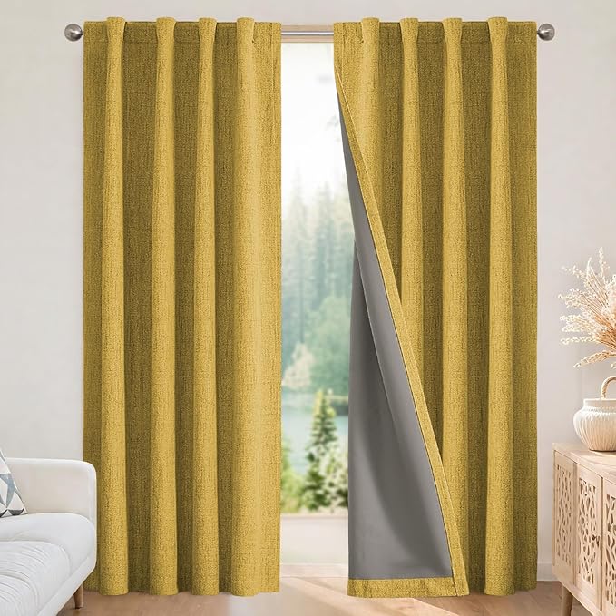 Joydeco Linen Blackout Curtains for Bedroom - 100% Light Blocking 1 Panels, Yellow Drapes 100" W x 90" L, Thermal Insulated Room Darkening Curtains for Living Room, Rod Pocket & Back Tabs