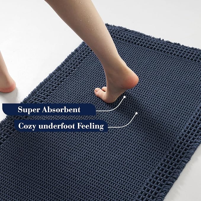 RESARE Waffle Bathroom Runner Rugs, Super Absorbent Bath Mat Non Slip Washable Quick Dry, Upgraded Ultra Soft Boho Bath Rugs with Tassels for Hallway Bedroom Laundry Room, 20"x32" Navy