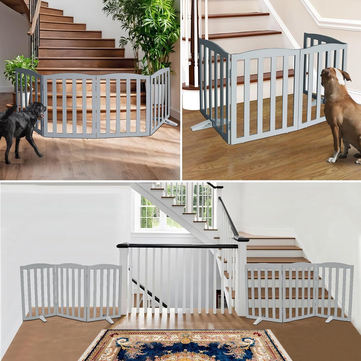 ZJSF Foldable Freestanding Indoor Dog Gate for House Wood Long Pet Gates Dog Fence for Stairs Puppy Gates for Hallways, Puppy Gate,Support Feet Included, Grey, 24 "Height-6 Panels