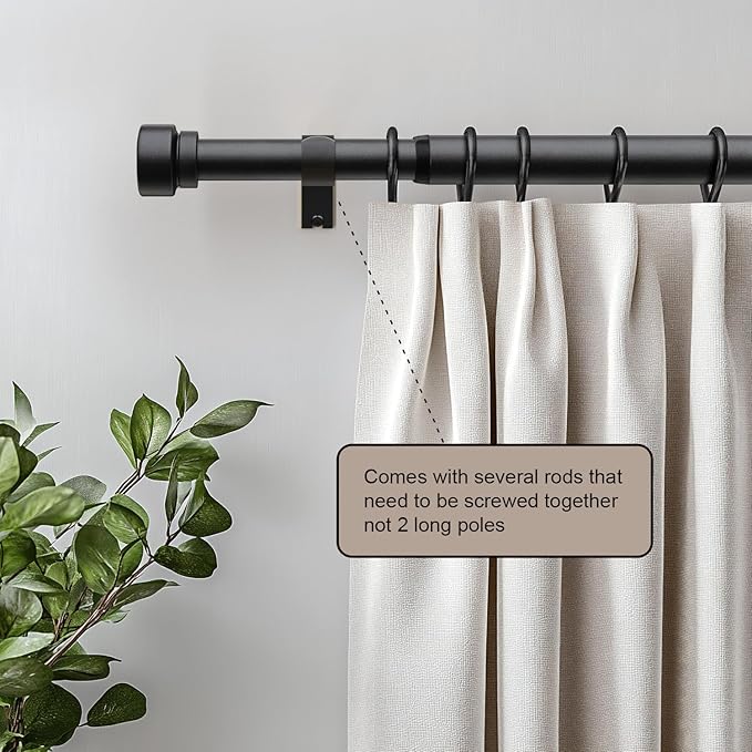 Lootkell Modern Matte Black Curtain Rods for Windows 16 to 60 Adjustable Length Heavy Duty 1" Diameter Window Curtain Rod with Solid Metal Finials for Outdoor Farmhouse Bedroom Kitchen Living Room