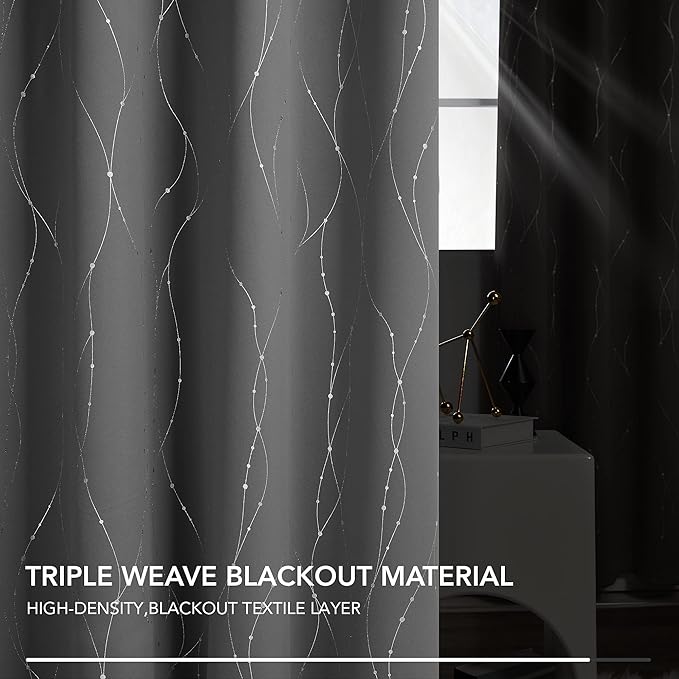 Deconovo Blackout Curtains, Grey Curtain, Thermal Insulated Soundproof Curtain Drapes, Wave Dot Foil Print, 52 x 84 Inch, 2 Panels, Machine‑Washable Privacy Window Drape for Bedroom Living Room Office