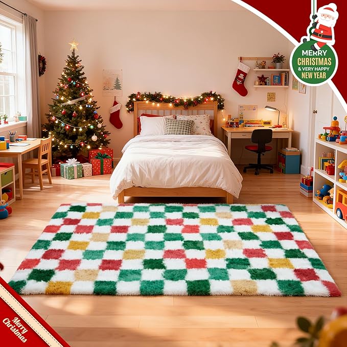 Checkered Area Rug 4x6 for Bedroom Living Room, Christmas Shag Rug Fuzzy Shaggy Bedside Carpet, Indoor Plush Floor Rugs for Kids Boys Girls Room Holiday Home Decor