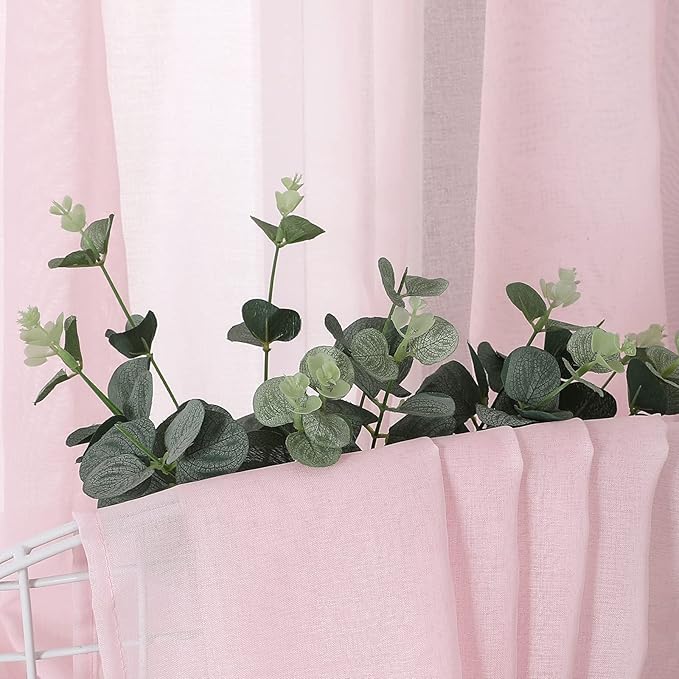 Tollpiz Sheer Tier Curtain Linen Textured Half Kitchen Curtains Sheer Light Filtering Rod Pocket Voile Small Curtains for Bathroom, 25 x 36 inches Long, Pink, Set of 2 Panels