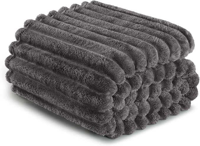Exclusivo Mezcla Twin Size Flannel Fleece Blanket, Super Soft Striped Jacquard Bed Blanket, Lightweight Fuzzy Cozy for All Seasons, 60x80 Inches, Dark Grey