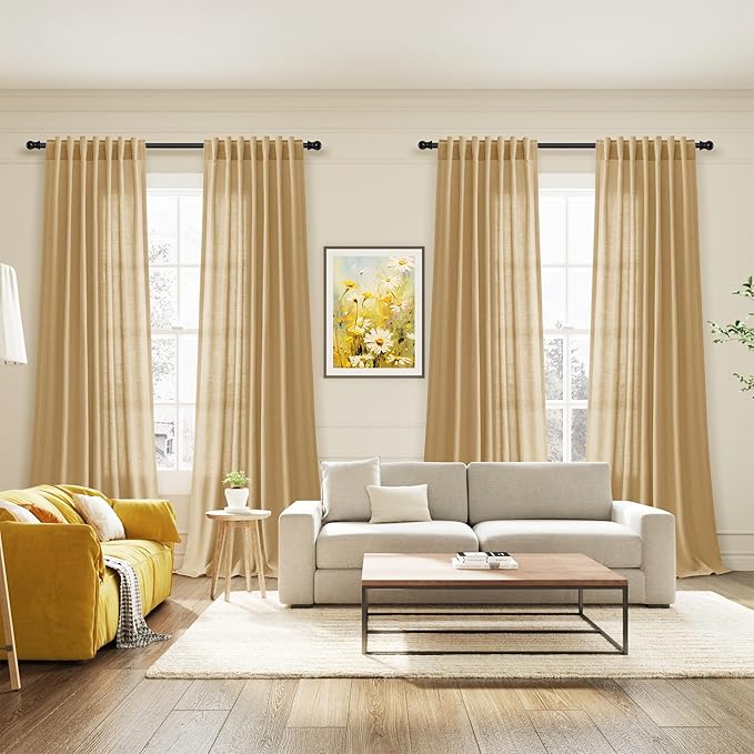 Gold Yellow Linen Curtains 84 Inch Length 2 Panels Set for Living Room Rod Pocket Back Tab Light Filtering Window Drapes for Bedroom Dining Room Protect Privacy Country Farmhouse Decor 52x84