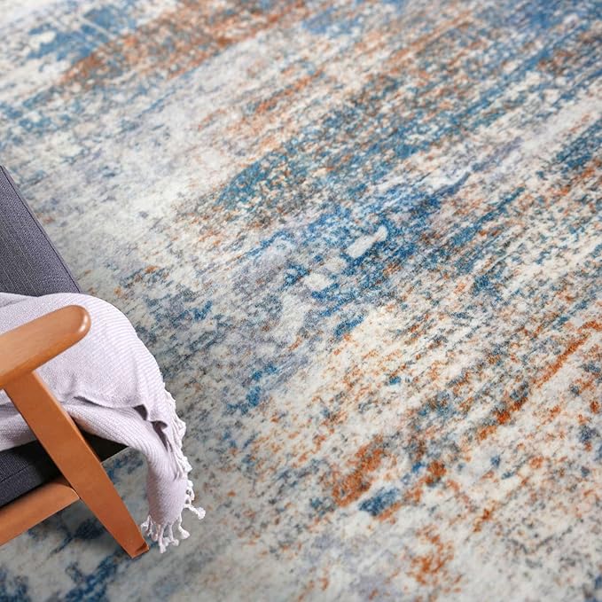 IOHOUZE Abstract Area Rugs 9x12 Ft Washable Large Rugs for Living Room, Non Slip Dining Room Rug, Printed Faux Wool Rugs for Bedroom, Floor Carpet for Office Nursery Playroom, Blue Rust