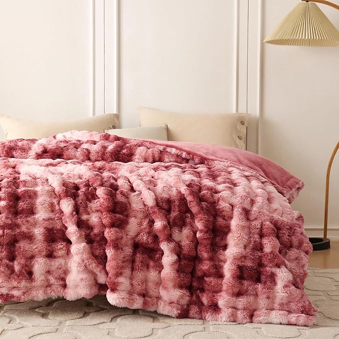 COOVA Faux Fur Throw Blanket for Couch, Cozy Soft and Fuzzy Plush Rabbit Fur Bubble Blanket for Sofa Bedroom Living Room, 60x80 Inches Tie Dye Magenta