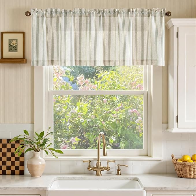 jinchan Striped Valance Farmhouse Window Treatment Linen- Polyester Textured Drapes for Small Windows Kitchen Living Room RV Vintage Light Filtering Valance 16 Inch Rod Pocket 1 Panel Green on Beige
