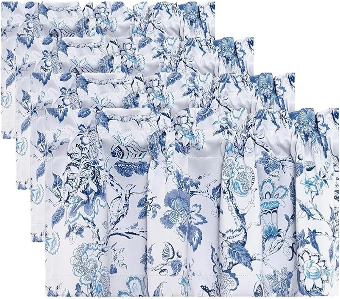 H.VERSAILTEX Blackout Curtain Valances for Kitchen Window/Living Room/Bathroom Privacy Added Rod Pocket Home Decoration Winow Valance, 52" W x 18" L, Flroal in Blue and White (Pack of 4)