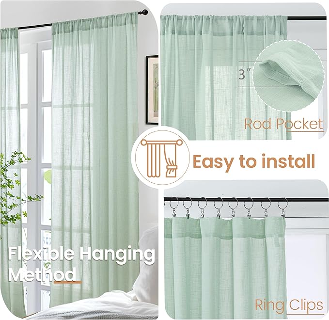 BGment Sage Green Linen Semi Sheer Curtains for Living Room 63 Inch Length - Light Filtering Drapes for Bedroom Dining Natural Rustic Spring Decorative Rod Pocket Lightweight, 2 Panels, 52 X 63 Inch