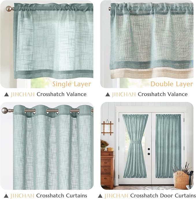 jinchan Linen Valance for Farmhouse Living Room Windows 16 Inch Slubbed Crossed Double Layer Window Valance Light Filtering Rustic Country Overlay Rod Pocket 1 Panel Blue Haze
