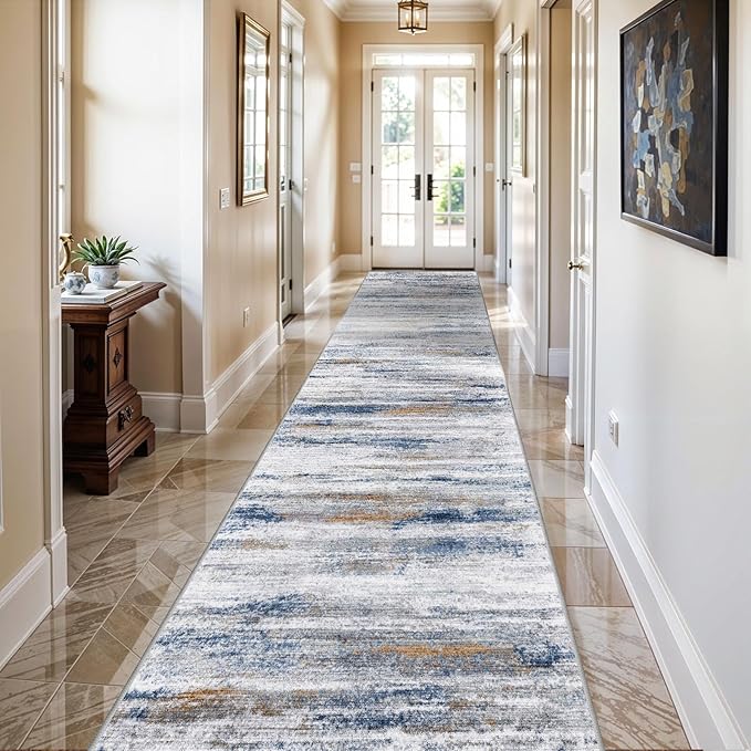 2x10 Washable Runner Rugs for Hallway: Easy-to-Clean Abstract Runners for Entryway Kitchen Dining Room- Stain and Water Resistant Rugs with Non-Slip Backing - Soft Low-Pile Carpet Navy Grey
