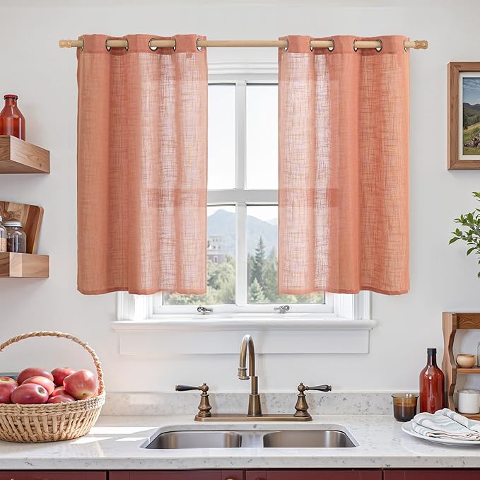 LAMIT Short Linen Curtains 40 Inch Length for Kitchen, Semi Sheer Light Filtering Window Curtains Farmhouse Boho Bronze Grommet Panels for Cafe/RV Camper, Terracotta, 2 Panels, 34 x 40 Inch
