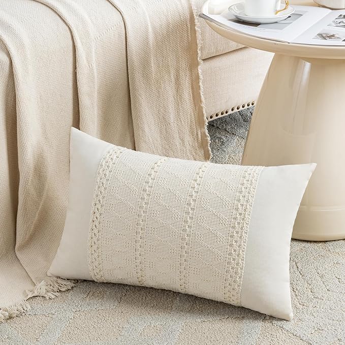 Fancy Homi Set of 1 Boho Cream Lumbar Decorative Throw Pillow Cover 12x20 Inch for Couch Bed Sofa Chair, Modern Organic Farmhouse Home Decor, Soft Cotton Cute Accent Rectangle Cushion Case