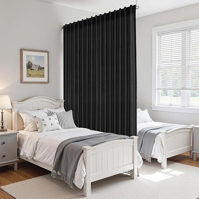 Black Large Window Curtains Light Filtering Semi Sheer Privacy Linen Textured Curtain for Patio Sliding Glass Door Extra Wide Rustic Farmhouse Drapes for Living Room Bedroom Sunroom 100x90 Inch