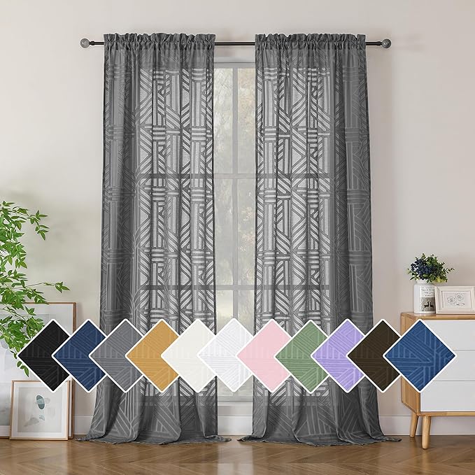 Simplebrand Grey Semi Sheer Curtains 96 Inches Long 2 Panels, Light Filtering Geometric Jacquard Clip Textured Sheer Curtains for Living Room，Modern Elegant Window Curtains Drapes，42x96 inch
