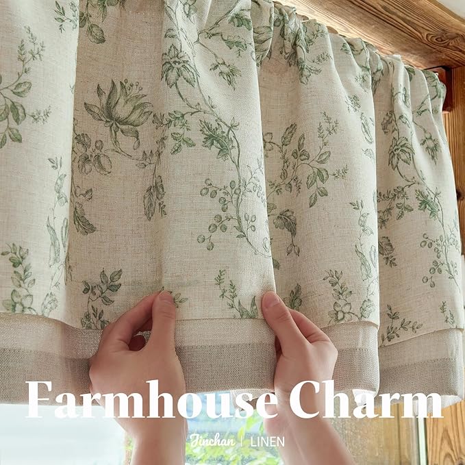 jinchan Amlie Floral Linen Valance Curtain Farmhouse Kitchen Valance for Living Room Laundry Light Filtering Double Layer Cottagecore Window Treatment Rod Pocket 1 Panel 16 Inch Sage Green on Linen