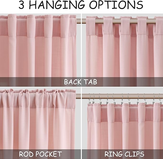 Pink Linen Curtains 90 Inch Long 2 Panels Set for Baby Girl Bedroom Pink Soft Linen Textured Window Drapes Semi Sheer Light Filtering Rod Pocket Back Tab Farmhouse Curtain 52x90