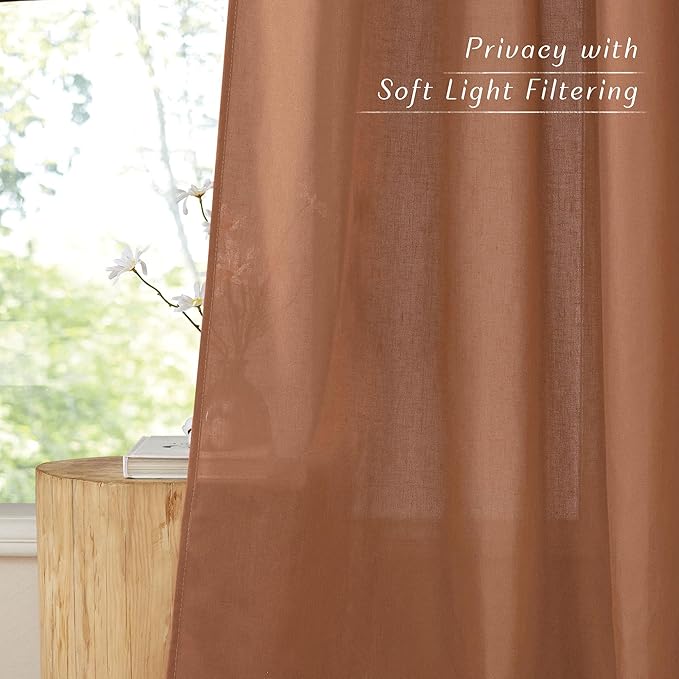 NICETOWN Caramel Linen Curtains for Kitchen, Thick Flax Small Window Treatments Semi Sheer Privacy Assured with Light Through for Cafe/Bathroom, W34 x L96, 2 Panels