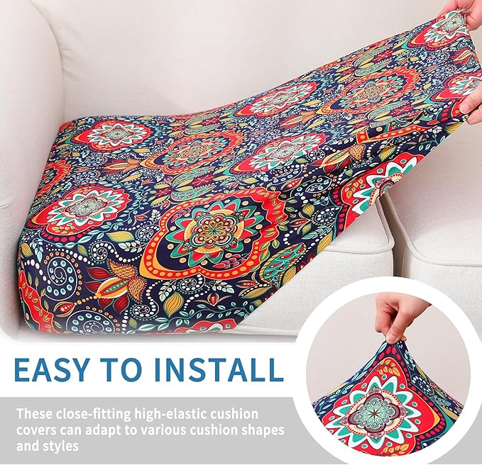 hyha Printed Couch Cushion Covers, Floral Sofa Covers Washable for 3 Cushion Couch, Stretch Pattern Outdoor Cushion Covers for Patio Furniture with Elastic Bottom(3 Packs, Mandala Floral)