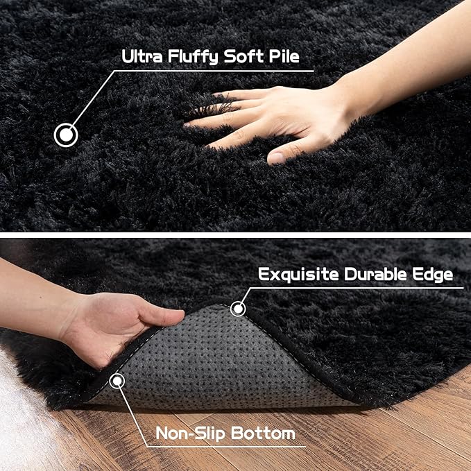 Pionblank Fluffy Runner Rugs for Bedroom 2x6, Modern Shaggy Area Rug for Hallway Living Room, Plush Soft Fuzzy Bedside Carpet for Kids Girls Boys Room Nursery Decor, Black