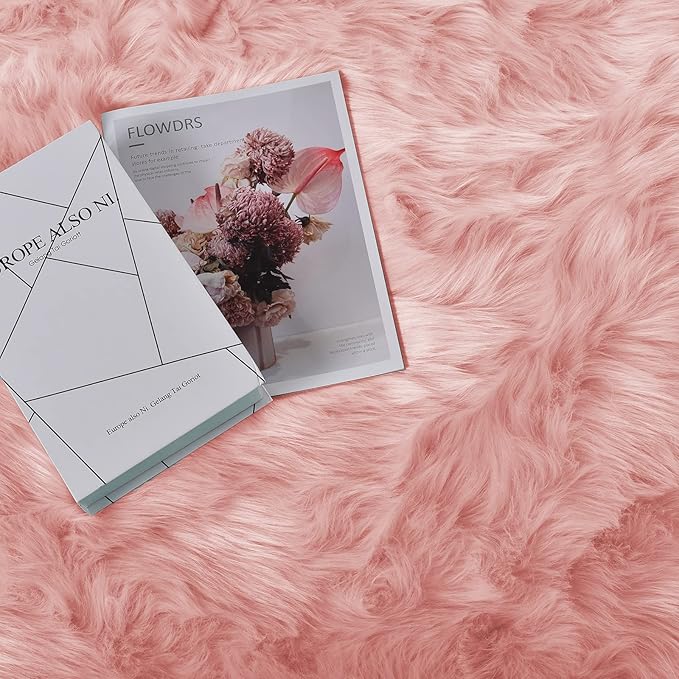 Goolela Pink Area Rugs 10x12 Fluffy Fuzzy Furry Rug for Girls Bedroom Living Room Faux Sheepskin Fur Shaggy Plush Rectangle