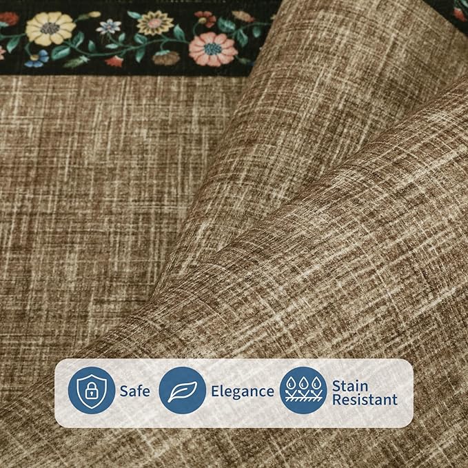 GarveeHome Washable Rugs for Living ROM 8 x 10 Large Area Rug Farmhouse Floral Bordered Bedroom Carpet Indoor Non-Slip Nursery Mat Soft Non Shedding Stain Resistant Carpet for Dining Room, Brown